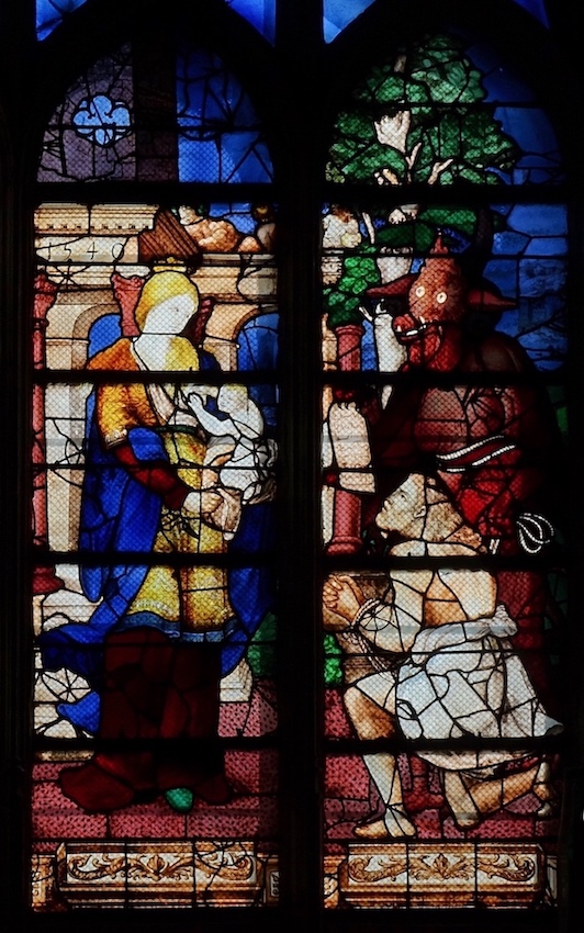 [9][10] la Vierge reprend le pacte qui liait Théophile et le diable (Satan emprunté à la gravure sur cuivre de Dürer, Le cavalier, la mort et le diable)