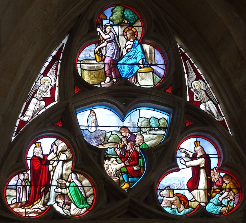 Haut : Jésus et la Samaritaine
                                <br>Bas : Moïse Le rocher d'Horeb, Notre Dame de l'Epine, La traversée de la Mer Rouge