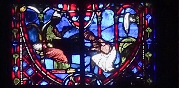 [14] Théophile reçoit la pénitence de l'évêque. Théophile est torse nu (à droite), ses vêtements sont déposés derrière lui.