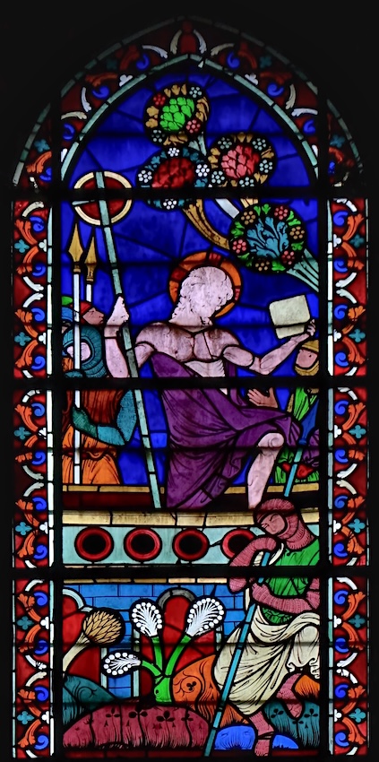 <b>Résurrection</b> : Jésus sort du tombeau, portant le livre de vie et la Croix, instrument de sa victoire sur la mort.