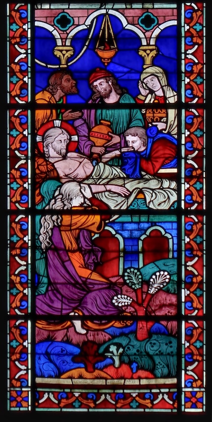 <b>Déploration sur le corps du Christ</b> : Joseph d’Arimathie s’adresse à Nicodème, à côté de Marie, mère de José. Marie-Madeleine verse des larmes et un disciple embrasse la main de Jésus.