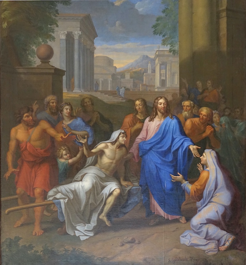 Jésus ressuscite le fils unique de la veuve de Naïm<br>Basilique Saint Mathurin - Larchant 77