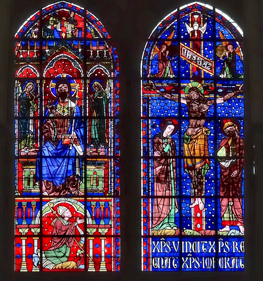 Baie 100 Le Christ, Saint Jean et Saint Mathieu, l'évêque Henri de Villeneuve<br>Le Christ en croix entre la Vierge et Saint Jean