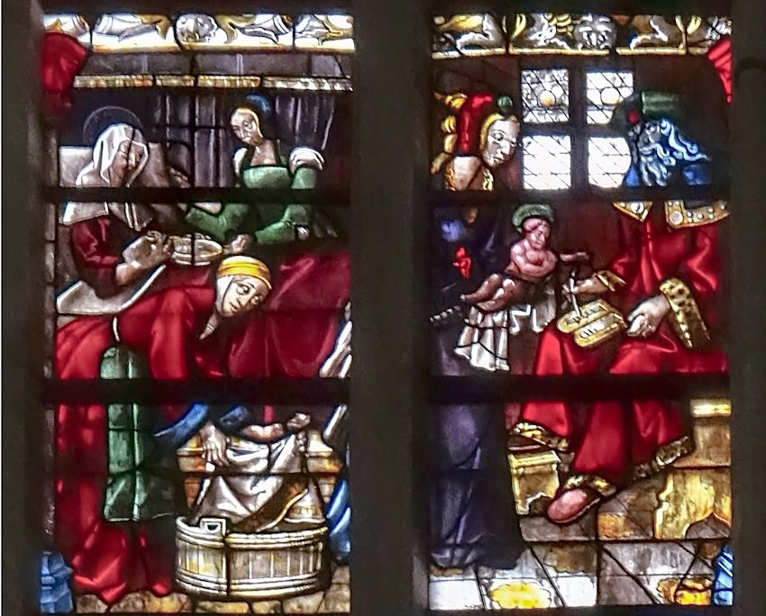 Naissance de Jean-Baptiste, Zacharie écrit sur une tablette : « Jean est son nom »