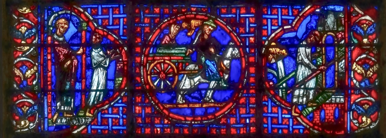 [4] un prêtre et un jeune clerc [5] Julienne emporte les reliques jusqu'à Constantinople [6] un clerc gravit les marches d'un édifice