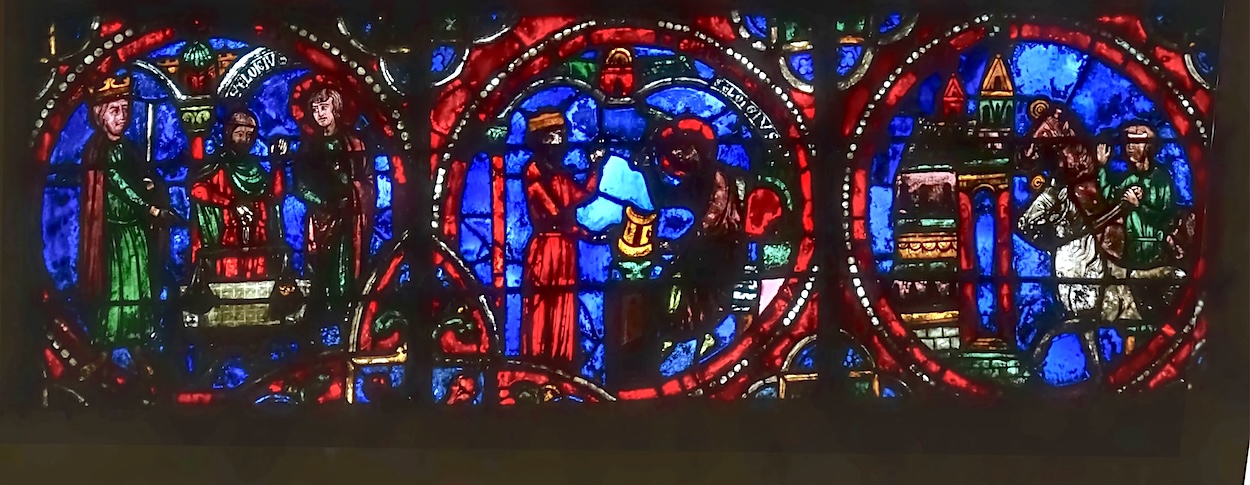 [1] Saint Éloi reçoit la commande d'un trône en or pour Childebert [2] Saint Eloi travaille sous les yeux du roi [3] Un personnage conduit deux chevaux