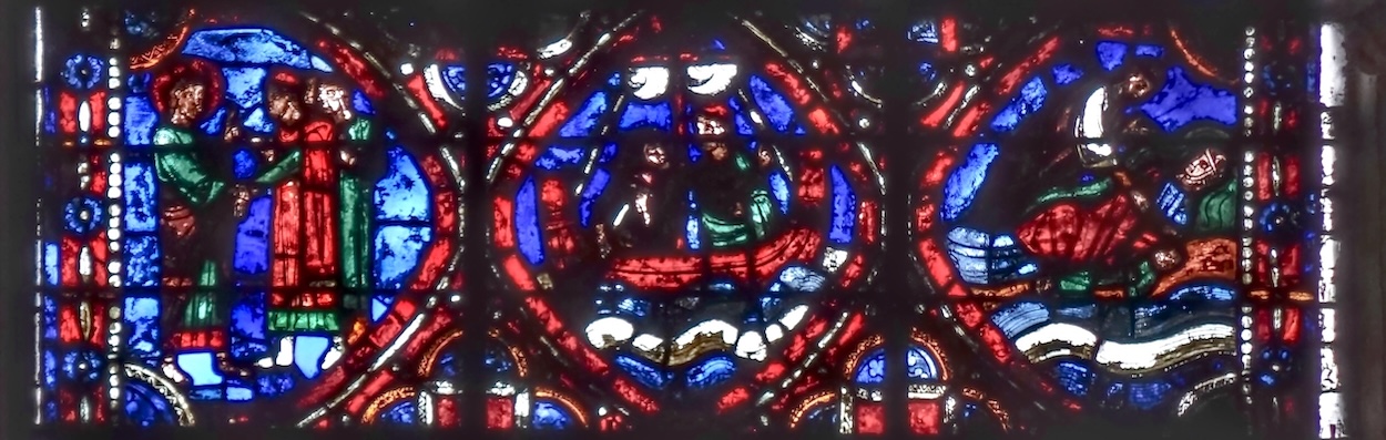 [10] le comte de Provence devant Saint Pierre [11] retour du comte en bateau [12] il retrouve sur l'île son épouse et son enfant ressuscités par Marie-Madeleine