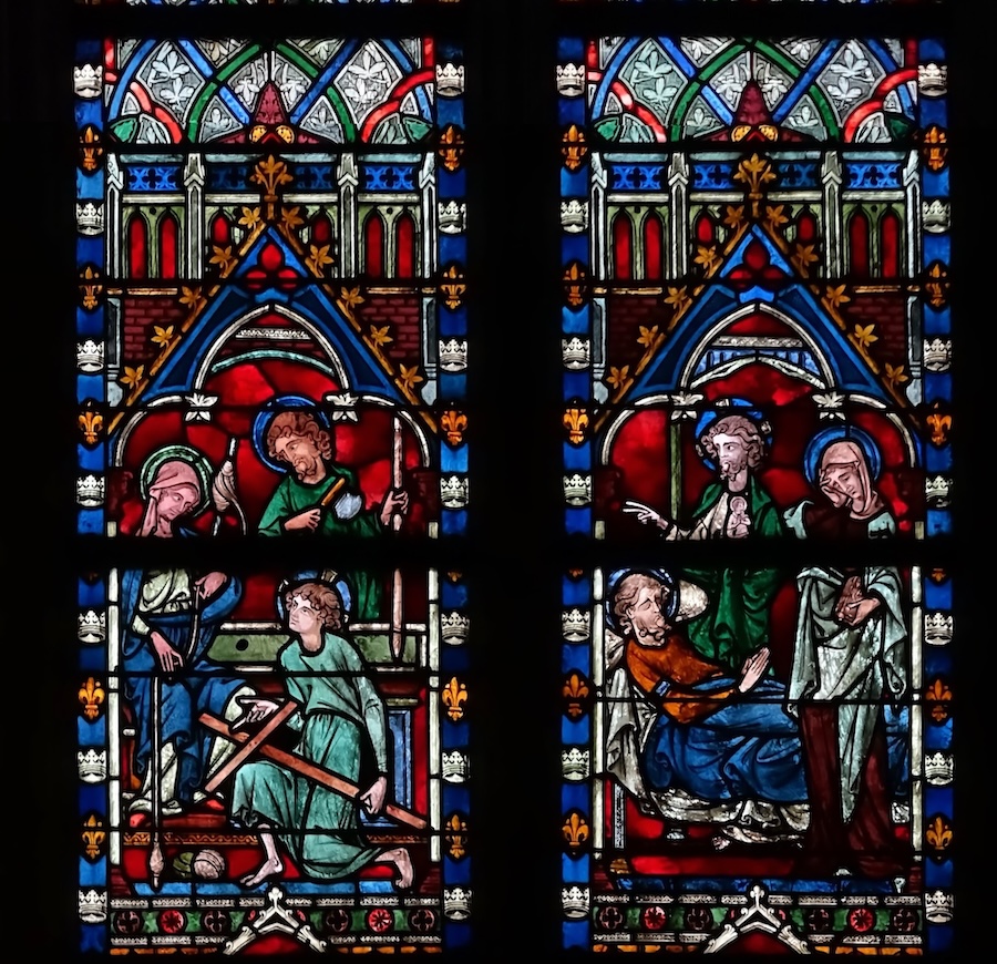 [7] Joseph enseigne le métier de charpentier à Jésus [8] la mort de Joseph, accompagné de Marie et Jésus