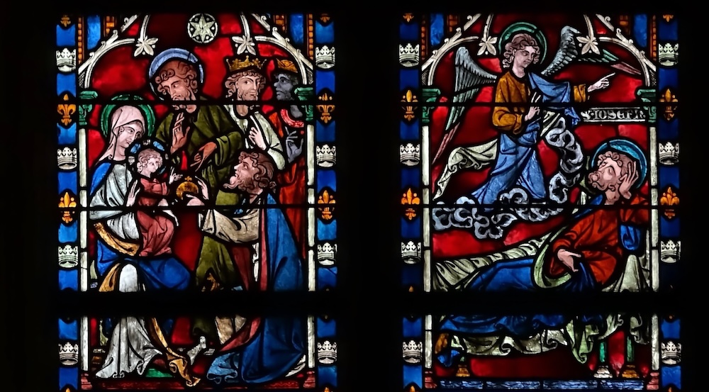 [3] Joseph et Marie reçoivent les rois mages qui apportent des présnts à l'enfant nouveau né [4] le songe de Joseph