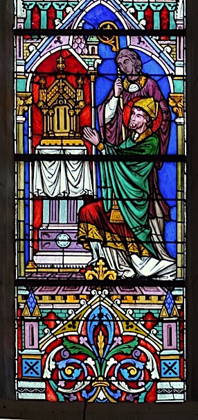 Saint Eloi, patron des orfèvres et des serruriers, présente la chasse qu'il a faite pour les reliques de Sainte Colombe 