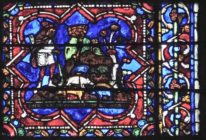 [5] Ruiné, le fils prodigue est contraint de garder des porcs pour gagner sa subsistance.<br>Cathédrale Saint Etienne - Sens 89