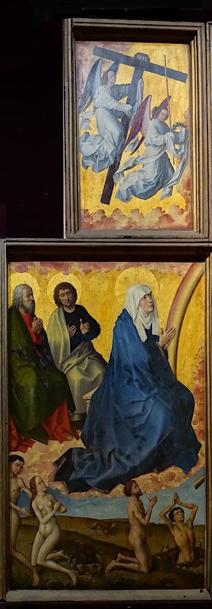 la Vierge, Saints et apôtres posés sur des nuages