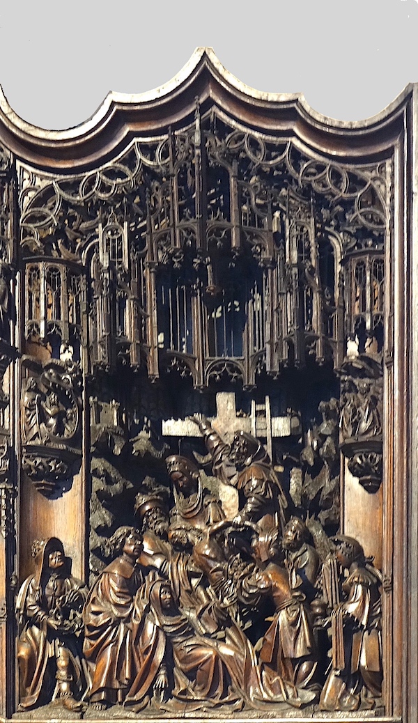 Descente de croix : La Vierge évanouie, entourée de St Jean, de Marie Madeleine et du juif errant devant le crucifix.<br>Eglise St Germain l'Auxerrois - Paris (1)