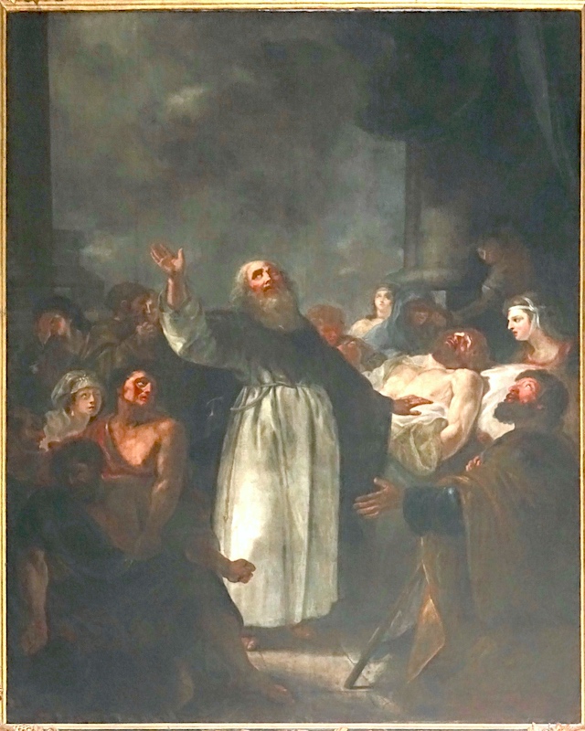 St-Antoine lève la main et bénit des malades secourus par d'autres personnages<br>Eglise Notre-Dame et St Nicolas - Briançon 05