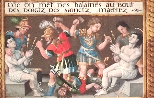 les saints martyrs sont étendus sur une roue, battus, rompus et brisés