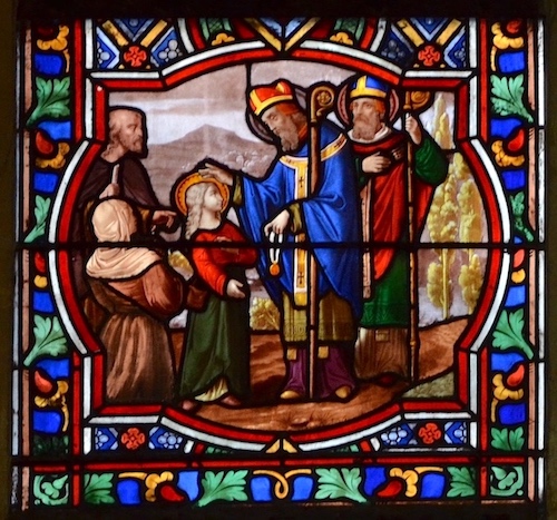 [1] Geneviève enfant rencontre à Nanterre les évêques Germain d'Auxerre et Loup de Troyes.