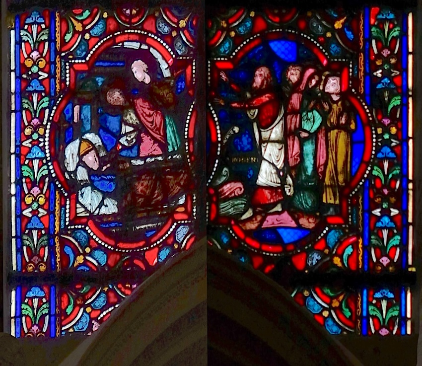 [2] à gauche, le songe du pape Marcel 1er,
						<br>à droite, plusieurs chrétiens debout sont émerveillès devant l'arrivée prodigieuse du bateau qui vient de remonter l'Aisne à contre-courant où se trouvent les corps des martyrs