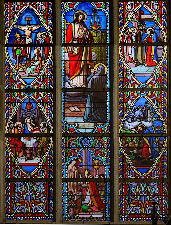 Sacré cœur de Jésus (Marguerite-Marie Alacoque), vénération du Sacré-Cœur par le bienheureux Claude de La Colombière. Dans les médaillons, des scènes de la Passion du Christ.