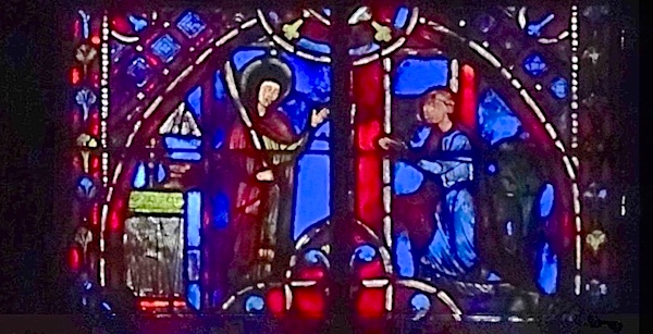 [11] Première apparition de la Vierge à Théophile. Sur la gauche, un autel sur lequel sont posés une croix et un calice d'or. La Vierge est debout, une palme à la main devant Théophile agenouillé, les mains jointes, dans une attitude suppliante