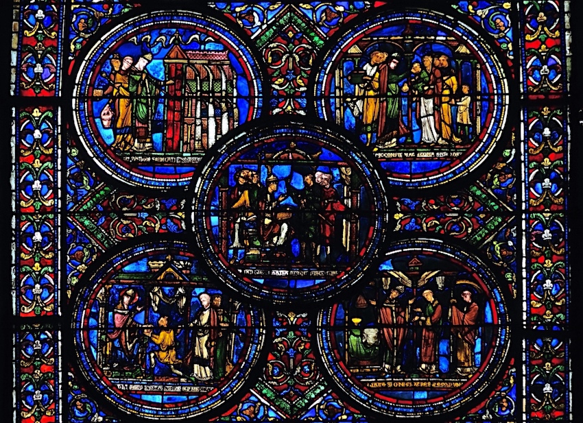 [6] Thomas Becket reçoit les envoyés du roi réclammant le retrait des excommunications [7] Thomas célèbre la messe dans la cathédrale de Canterbery [8] Les envoyés du roi insistent et Thomas Becket refuse ce qu'ils demandent [9] Thomas Becket dédicace une église [10] un enfant est confirmé par Thomas Becket