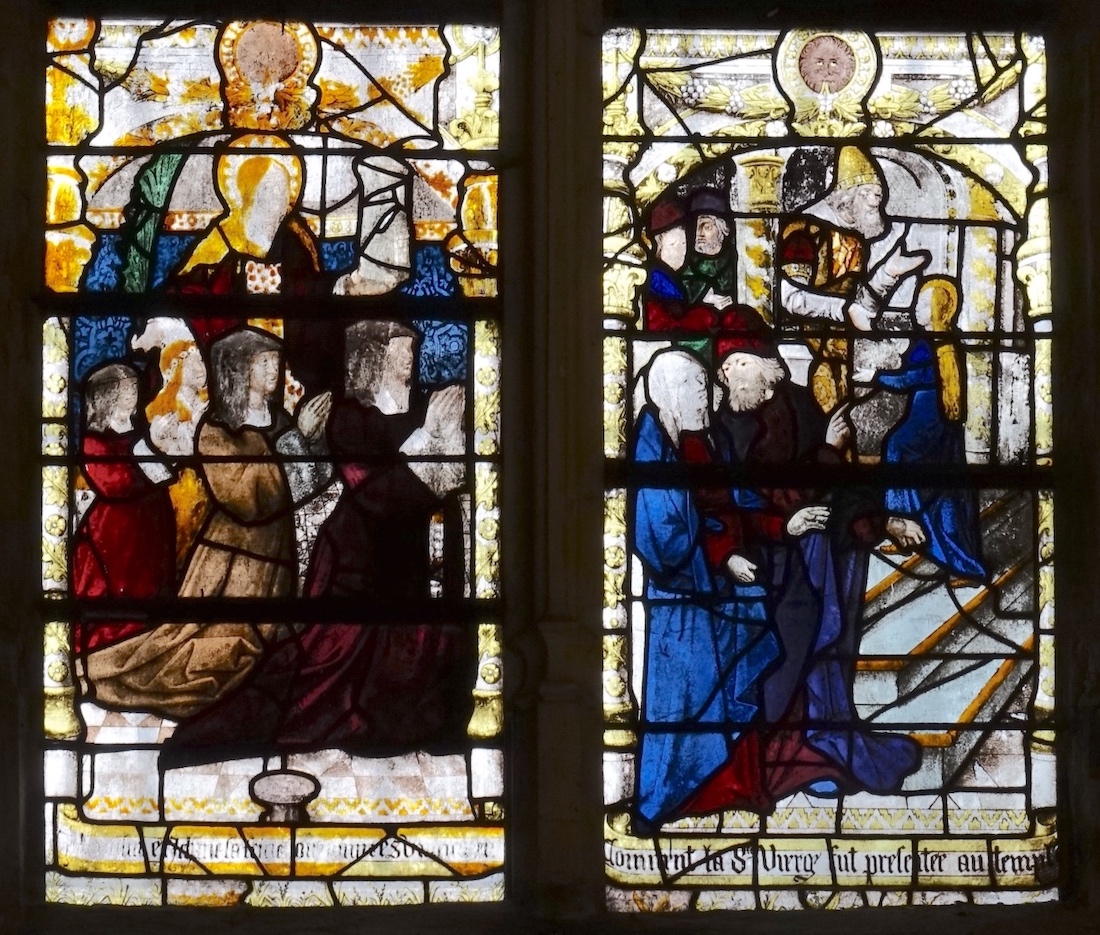 à gauche, les donateurs, Jehan Dufûr et Jehanne sa fême, accompagnés de leurs saints patrons<br>à droite, présentation de la Vierge au temple