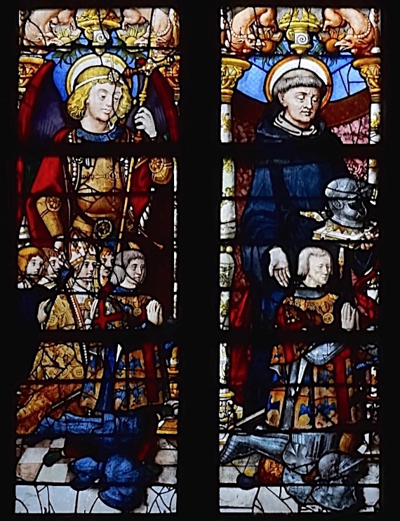 à droite, Guillaume de Montmorency agenouillé présenté par saint Guillaume de Gellone ; à gauche, ses cinq fils Anne, Jean, Philippe, François et Guillaume agenouillés présentés par l'archange Michel