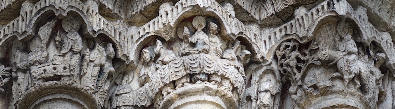 les saintes femmes au tombeau, la cène, l'entrée à Jérusalem <br> Portail de la collégiale Notre-Dame du Fort - Etampes 91