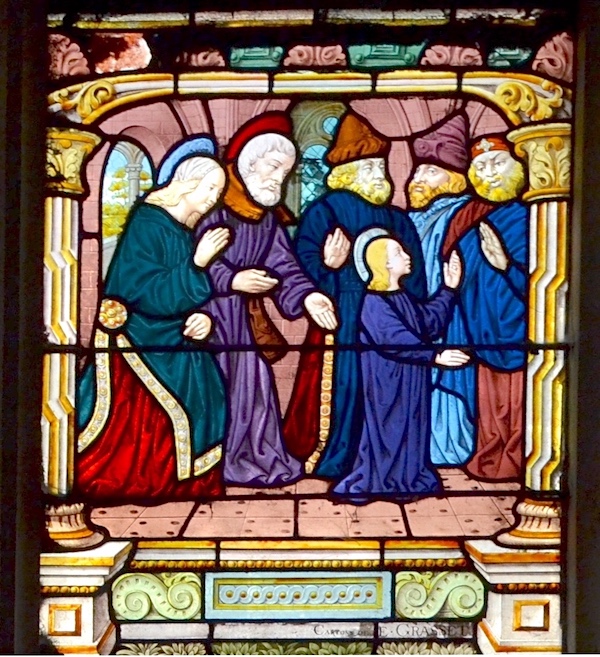[3] Marie et Joseph, à gauche, accompagnent Jésus au temple où il discute avec les docteurs de l'église