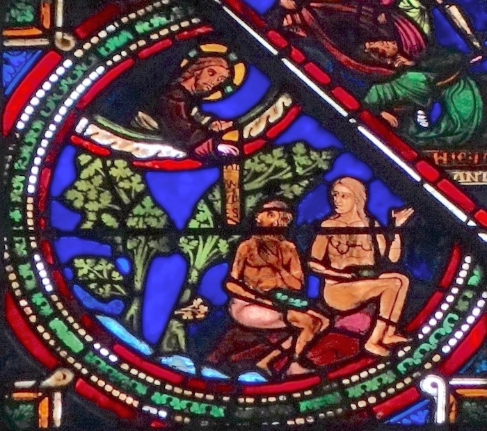 [5] Adam et Ève honteux de leur faute se cachent parmi les arbres du jardin.<br>Cathédrale Saint Etienne - Sens 89