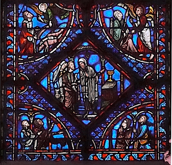 [1] Le sacrifice d'Anne et de Joachim est refusé par le prêtre parcequ'ils n'ont pas d'enfants.
                             [2] Un ange annonce à Joachim (haut gauche)
                             [3] et à Anne (haut droite) la naissance à venir