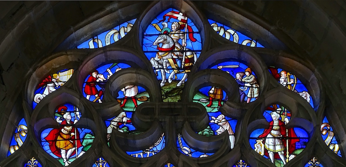 [A] Saint Florentin en armes, [B] avec Hilaire [C] et Aphrodise.
                <br>[D] [E] Des fous que l'on attache (pour les empêcher de se battre)<br>Eglise Saint Florentin - Saint Florentin 89