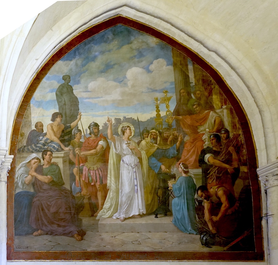 Sainte Honorine devant ses juges <i>Non, je n'irai pas sacrifier à la déesse Junon, je suis chrétienne et 'ai qu'un seul Dieu, celui de Jésus-Christ</i>