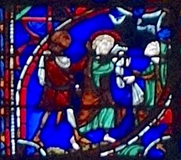 [21] Paul marche au supplice. Il est accompagné, sur la gauche, d'un garde l'épée au côté. Il rencontre Platilde, à droite, qui lui donne un linge pour qu'il se bande les yeux.<br>Cathédrale Notre-Dame - Rouen 76